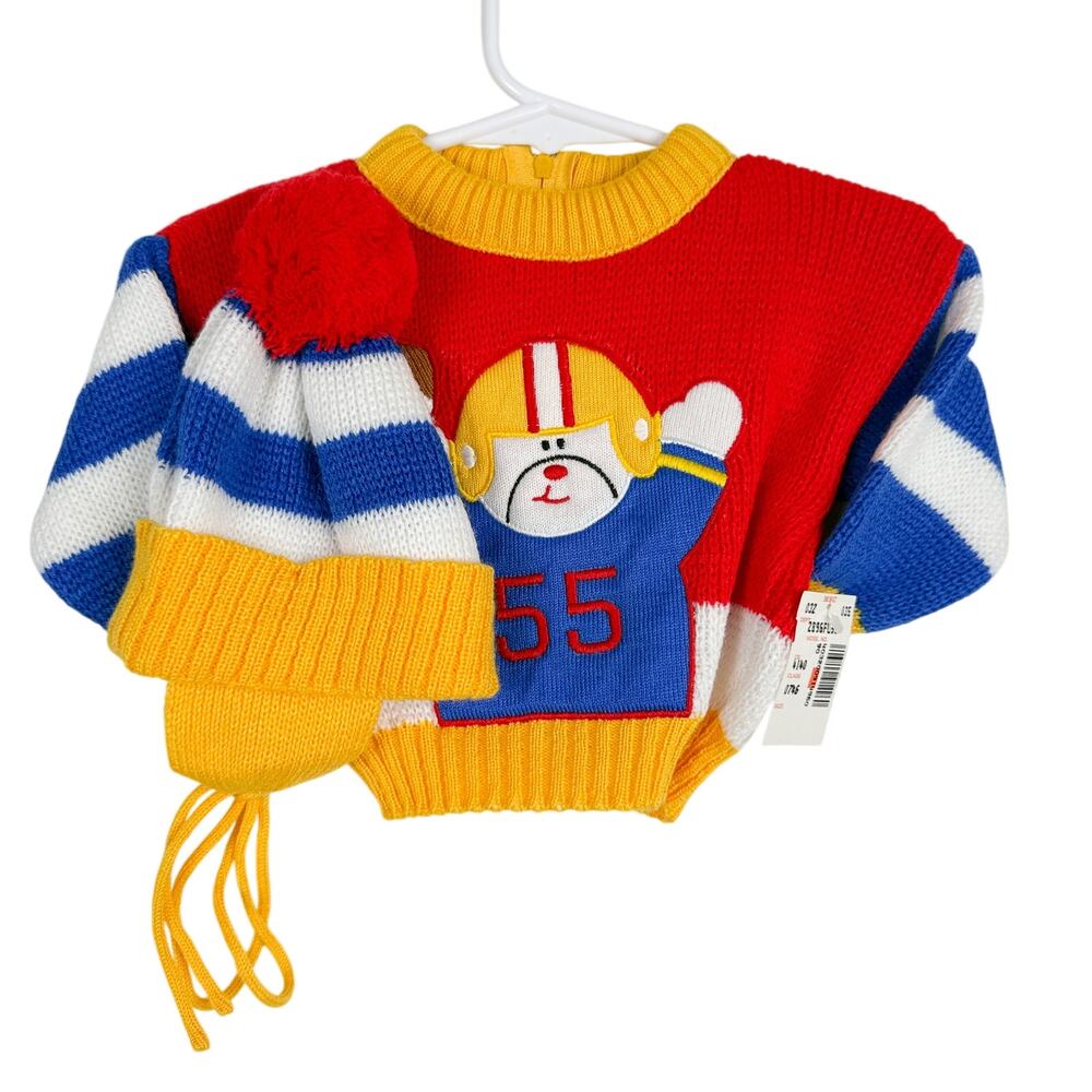 New Vtg 90s Unbranded Acrylic Knit Football Sweater Red Beanie Set - 3-6 Months